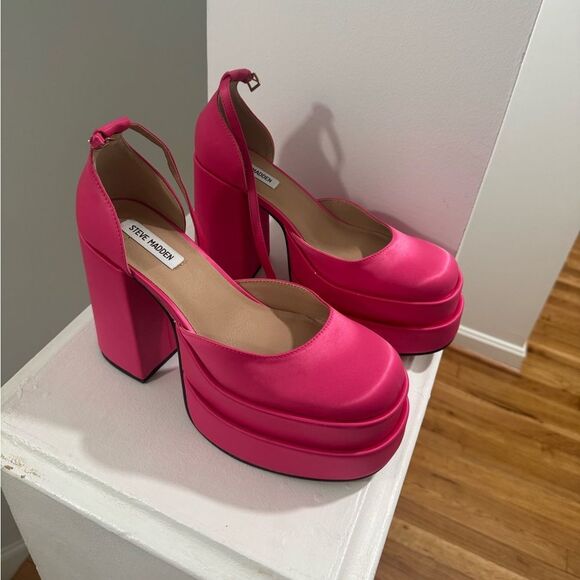 Steve Madden Charlize Pink Satin Double Platform Ankle Strap Pumps - Picture 6 of 11